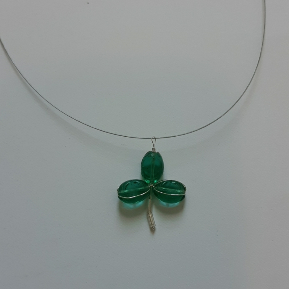 Green Glass Irish Clover Necklace